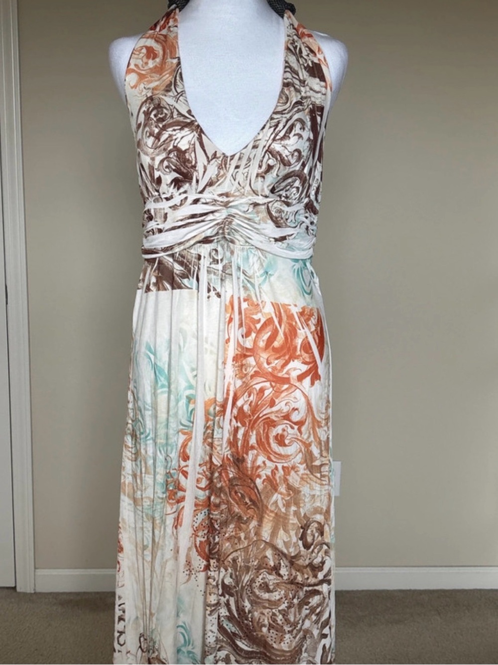 Cristinalove Cream Multicolor Swirl Halter Maxi Dress